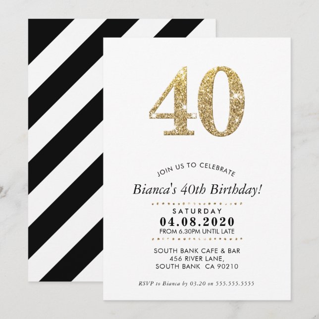 40:E BIRTHDAY PARTY INBJUDAN, moderna guld glitter Inbjudningar (Fram/baksida)