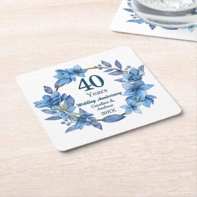 40:e blå blomsterrubin bröllopsjubileum  underlägg papper kvadrat (Vinklad)