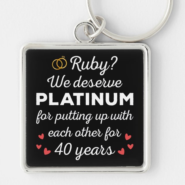 40:e Bröllop-årsdagen I - Ruby Funny Couple Fyrkantig Silverfärgad Nyckelring (Framsidan)