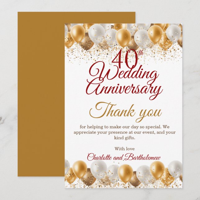 40:e Bröllop-årsdagen Party Tack Kort (Fram/baksida)