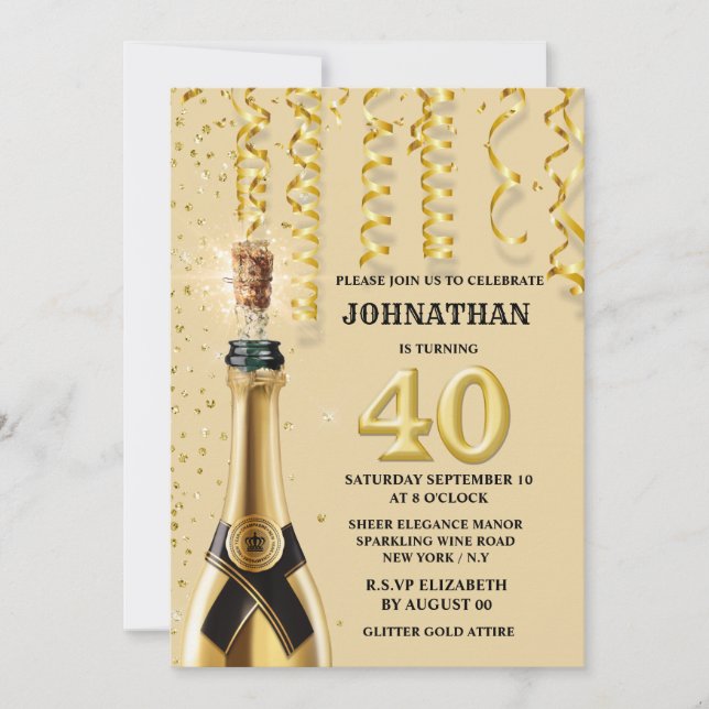 40:e champagnepoppning guld-gnistran effektivisera inbjudningar (Framsida)