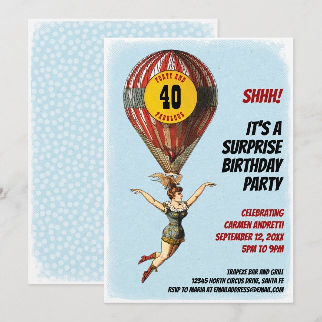 40:e Circus Balloon Girl med punkter Inbjudningar (Fram/baksida)