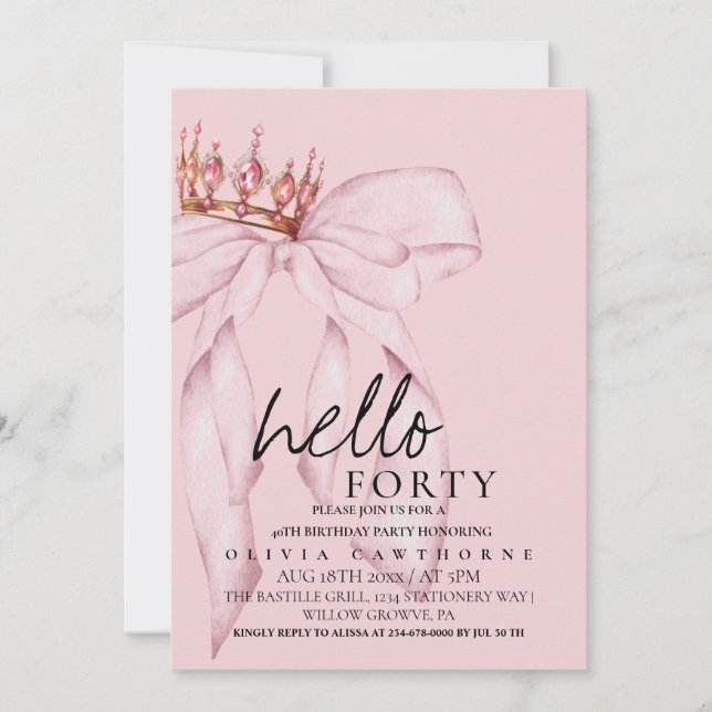 40:e Dusty Ro Bow Surprise Födelsedagsfest Inbjudningar (Framsida)