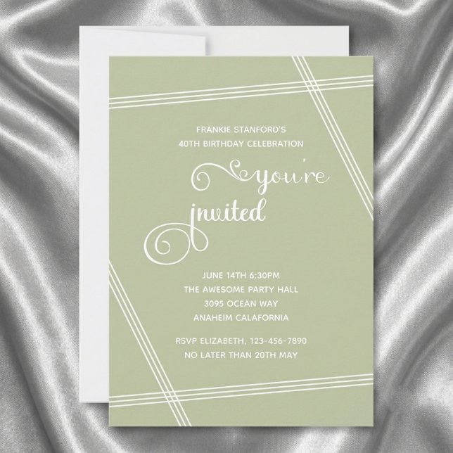40:e enkla moderna eleganta födelsedagsinbjudninga (40th birthday sage green invite. Grey silk background.)
