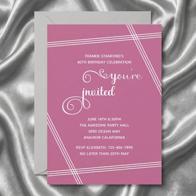 40:e enkla moderna eleganta födelsedagsinbjudninga (Pink 40th birthday invite. Grey silk background.)