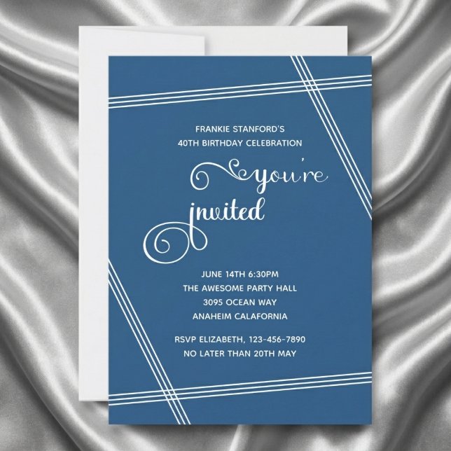 40:e enkla moderna eleganta födelsedagsinbjudninga (40th birthday blue invite. Grey silk background.)