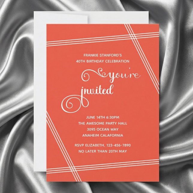 40:e enkla moderna eleganta födelsedagsinbjudninga (Orange 40th Birthday invite. Grey silk background.)