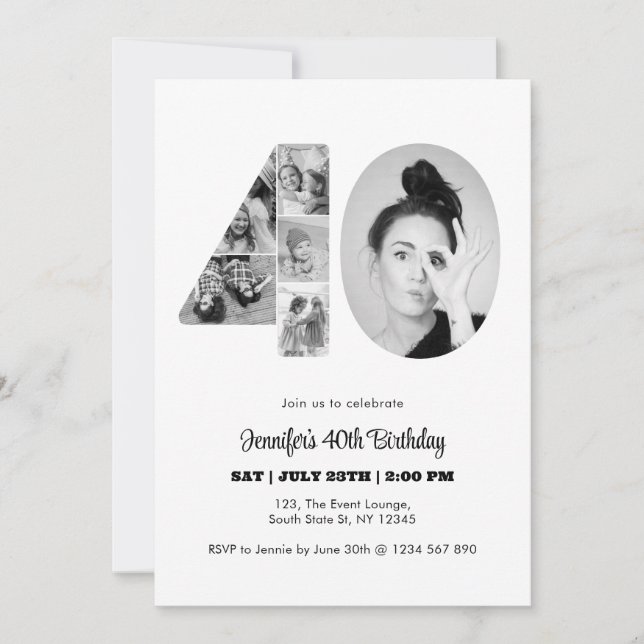 40:e födelsedag 40 Photo Collage Black White Inbjudningar (Framsida)