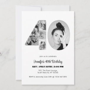 40:e födelsedag 40 Photo Collage Black White Inbjudningar