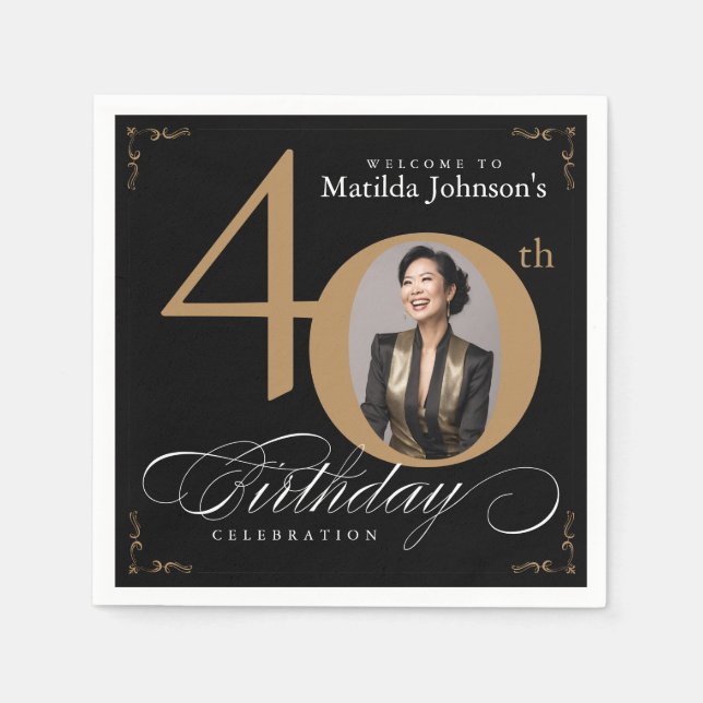 40:e födelsedag Black Guld Calligraphy-Anpassnings Pappersservett (Framsidan)