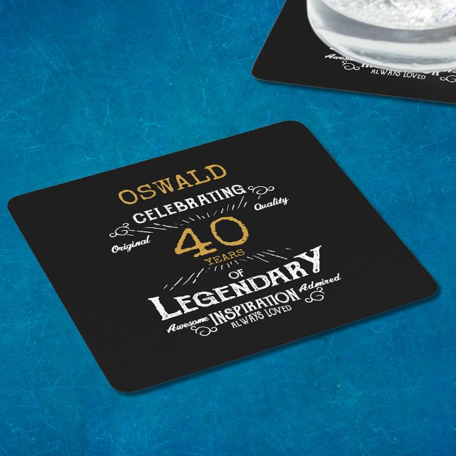 40:e födelsedag Black Guld Legendary Retro Underlägg Papper Kvadrat (A personalized elegant 40th birthday paper coaster that is easy to customize)