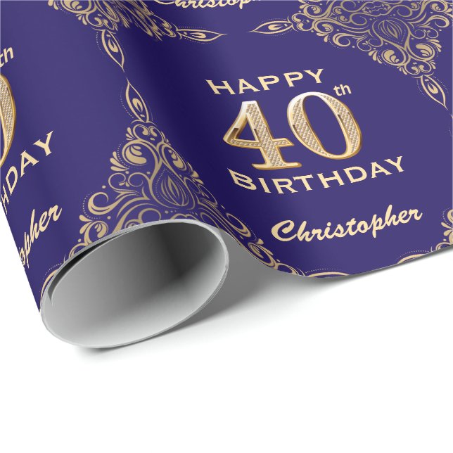 40:e födelsedag Blått och Guld Glitter Ram Presentpapper (Rullad Hörn)