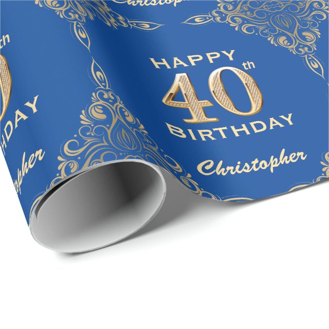 40:e födelsedag Blått och Guld Glitter Ram Presentpapper (Rullad Hörn)
