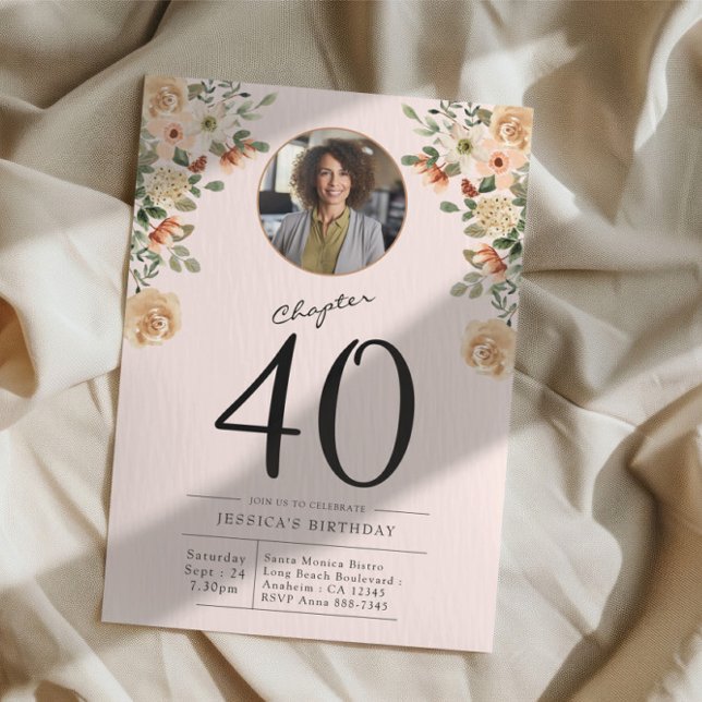 40:e födelsedag Blommigt Foto Party Inbjudningar (Custom 40th birthday party invitation in blush pink with photo on cloth background)