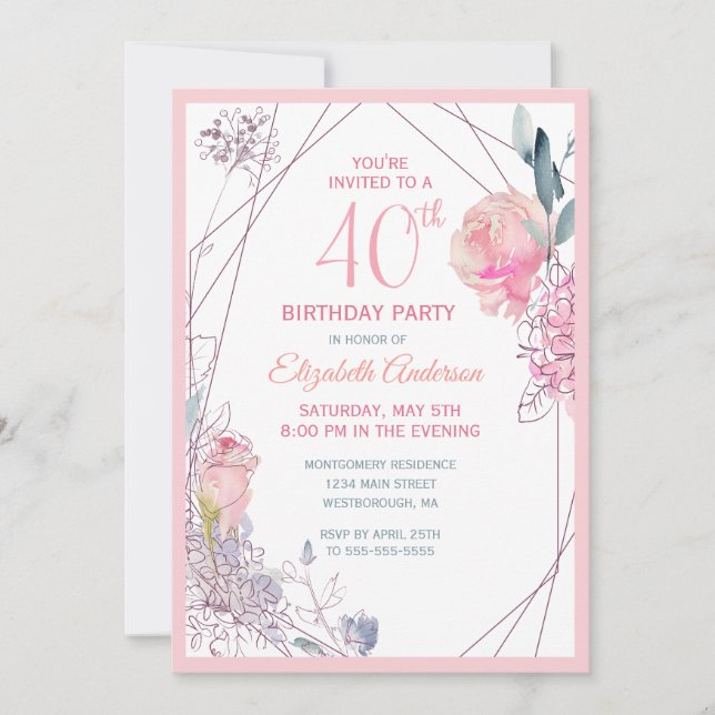 40:e födelsedag Blommigt  Ro Watercolor Party Inbjudningar (Framsida)