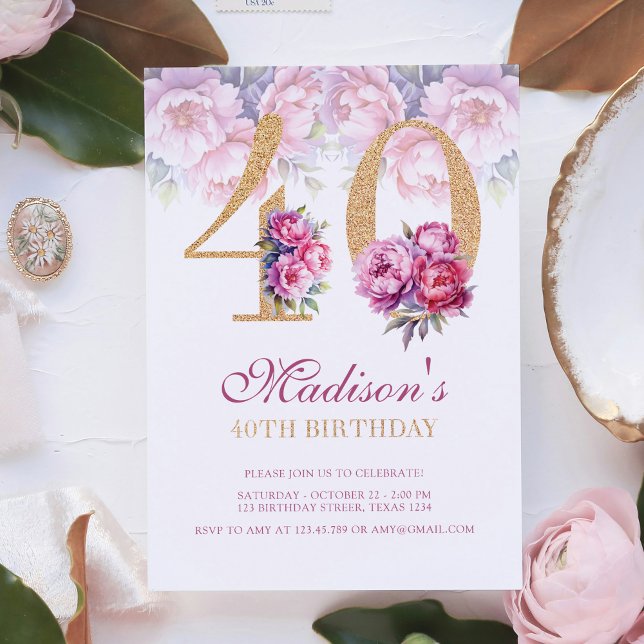 40:e födelsedag Blommigt Rosa Guld Glitter Inbjudningar (Skapare uppladdad)