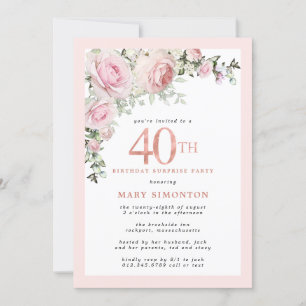 40:e födelsedag Blommigten Party Rosa ros Inbjudningar