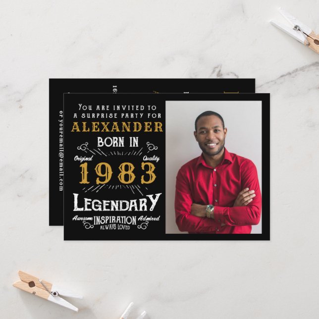 40:e födelsedag Born 1983 Black Guld Retro Photo Inbjudningar (Fram/Back In Situ)
