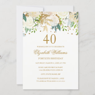 40:e födelsedag Elegant Guld Blommigt Inbjudan