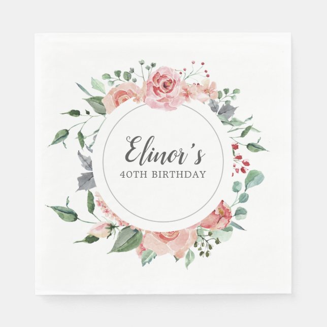 40:e födelsedag Elegant Rosa ros Blommigt Pappersservett (Framsidan)
