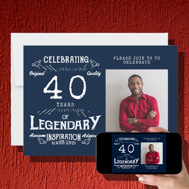 40:e födelsedag Fotblå Vintage Inbjudningar (Skapare uppladdad)