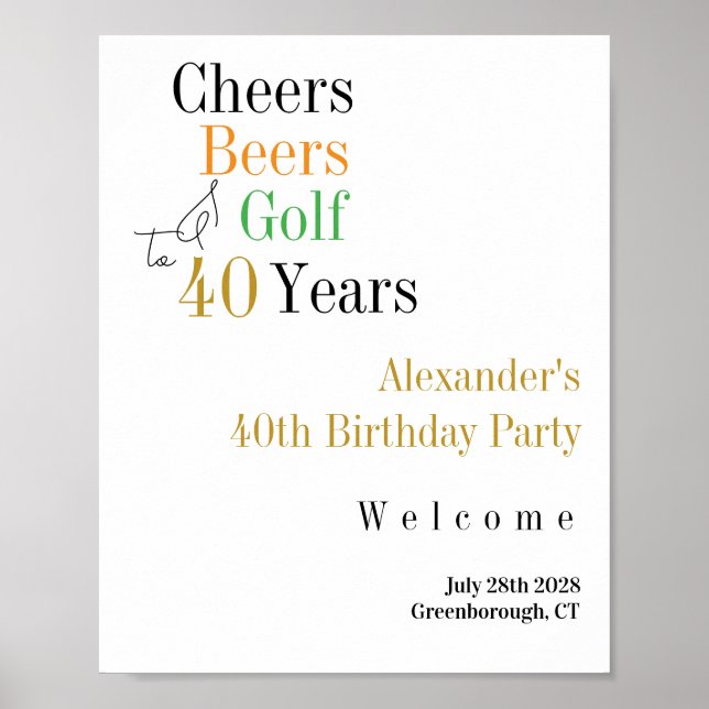 40:e födelsedag Golf Cheers Öl Minimal Welcome Poster (Framsidan)