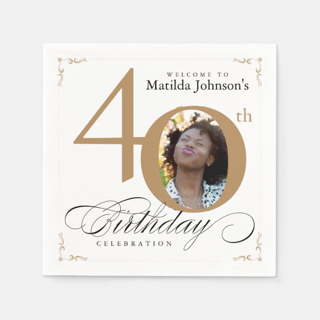 40:e födelsedag Guld White Calligraphy Anpassnings Pappersservett (Framsidan)