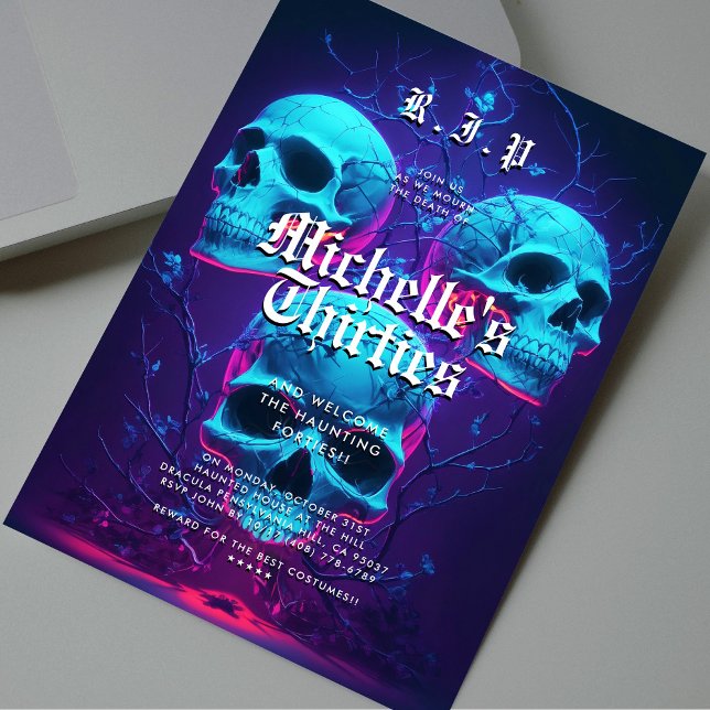 40:e födelsedag Halloween fest Neon Skull Modern Inbjudningar (40th Halloween Birthday Party Neon Skull Modern Invitation
)