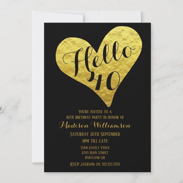40:e födelsedag Hej 40 Black and Faux Guld Heart Inbjudningar (Framsida)