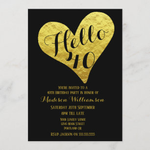 40:e födelsedag Hej 40 Black and Faux Guld Heart Inbjudningar