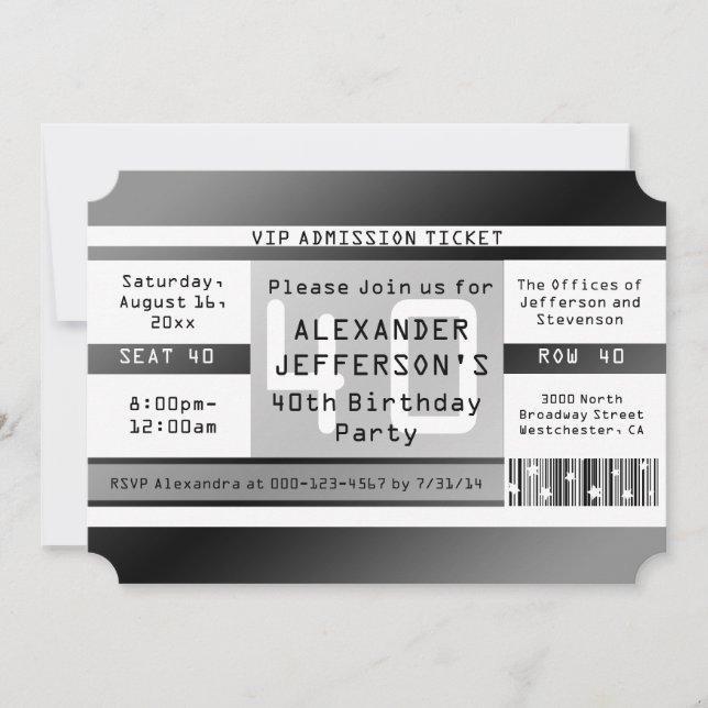 40:e födelsedag i Biljett, Party Inbjudningar (Framsida)