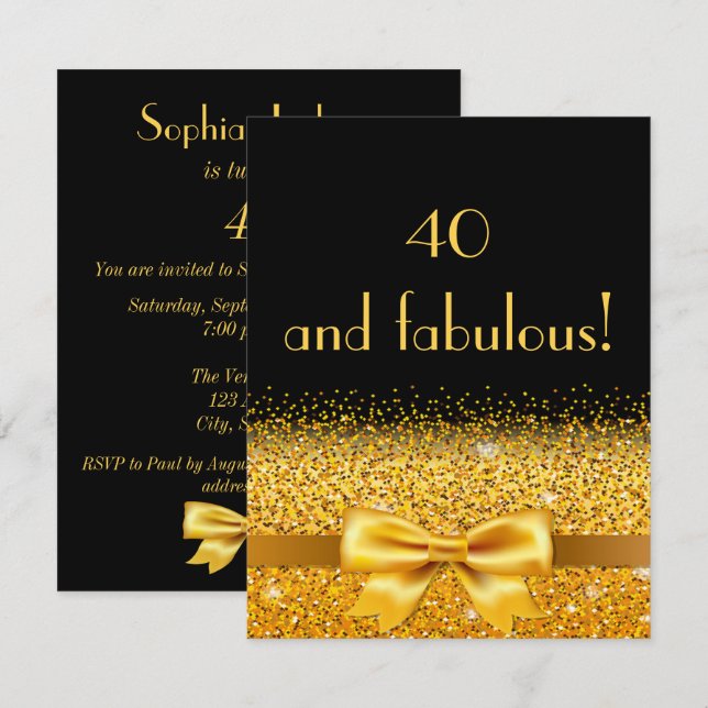 40:e födelsedag, inbjudan till fest svart med guld (Fram/baksida)