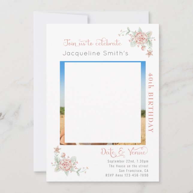 40:e födelsedag - inbjudan till foto-Blommigt (Framsida)