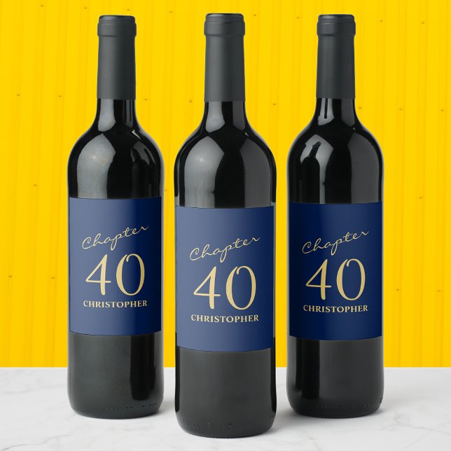 40:e födelsedag Kapitel 40 Blue Guld Vinflaska Etikett (Personalized 40th Birthday wine labels in blue and gold. Chic and elegant addition to a party.)