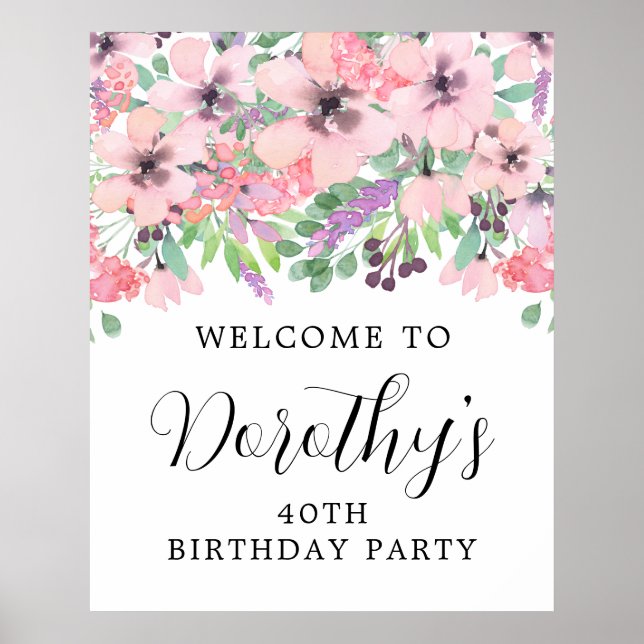 40:e födelsedag Lila Rosa Wildblomma Välkomstskylt Poster (Framsidan)