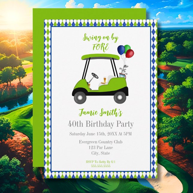 40:e födelsedag Manar Elegant Golf Cart-inbjudan Inbjudningar (Skapare uppladdad)