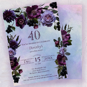 40:e födelsedag Moody Lila Gothic Flower Inbjudningar