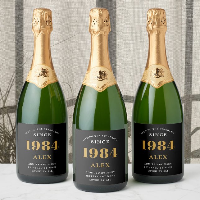 40:e födelsedag Namn 1984 Svarta Guld-Elegantens C (1984 Vintage 40th Birthday Black & Gold Elegant champagne Label.)