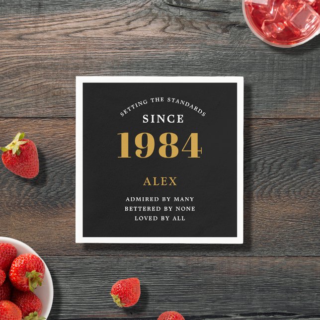 40:e födelsedag Namn 1984 Svarta Guld-Elegantens C Pappersservett (Premium 40th Birthday Black and Gold Personalized Paper Napkins - Celebration Elegance)