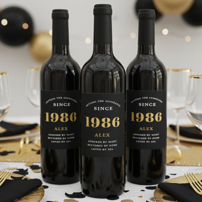 40:e födelsedag Namn 1986 Svarta Guld-Elegantens C Vinflaska Etikett (1986 wine bottle labels)