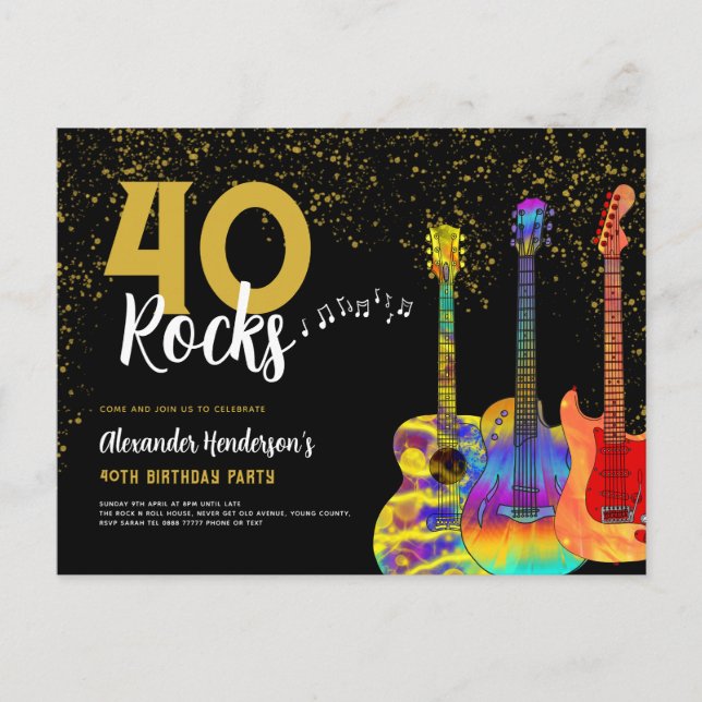 40:e födelsedag Party 40 Sten Guitar Guld Glitter Inbjudan Vykort (Framsida)