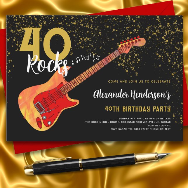 40:e födelsedag Party 40 Sten Guitar Guld Glitter Inbjudningar (40 rocks guitar black and gold 40th birthday party invitation )