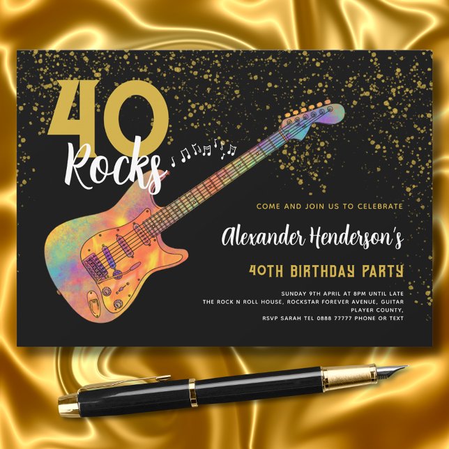 40:e födelsedag Party 40 Sten Guld Glitter Inbjudningar (40 rocks black and gold glitter 40th birthday party invitation with colorful electric guitar)