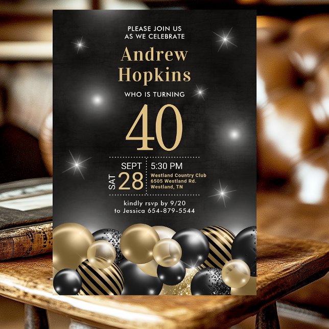 40:e födelsedag Party Black Guld Inbjudningar (Skapare uppladdad)