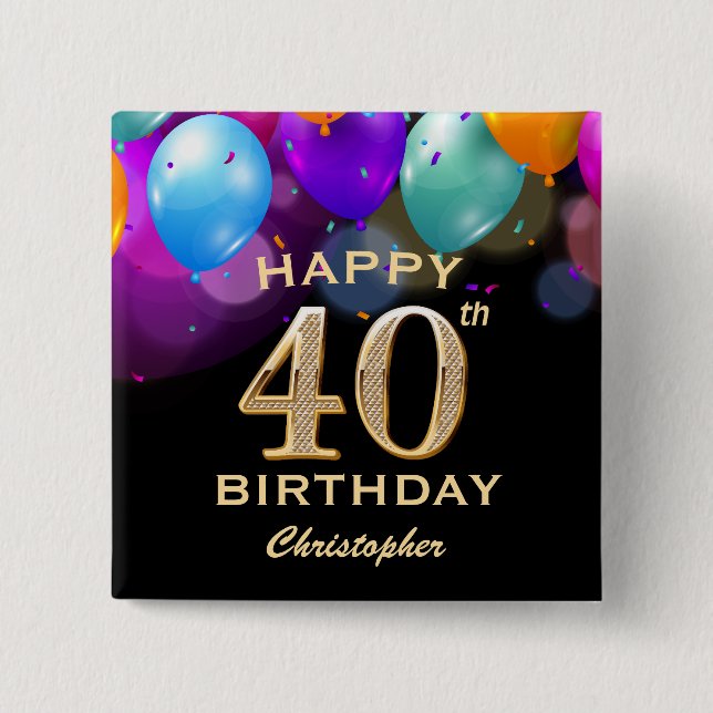 40:e födelsedag Party Black och Guld Knapp (Framsida)