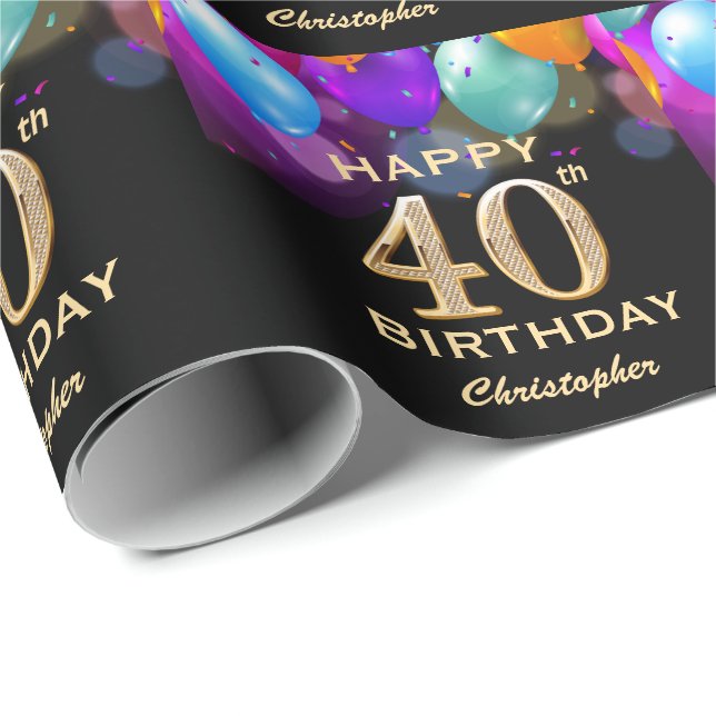 40:e födelsedag Party Black och Guld Presentpapper (Rullad Hörn)