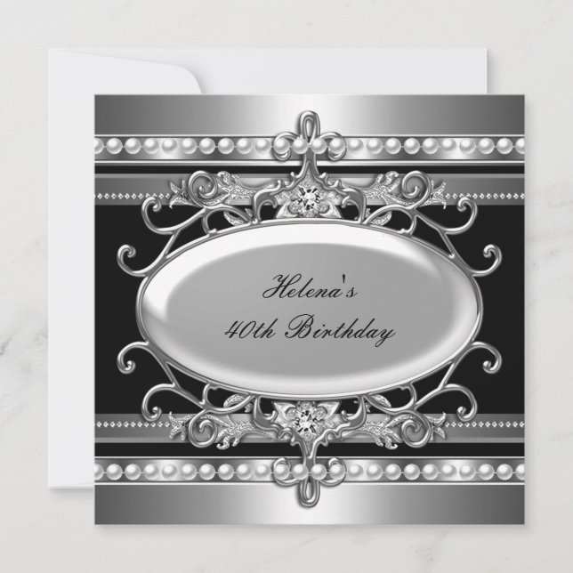 40:e födelsedag Party Black & Silver Flower Pearl Inbjudningar (Framsida)