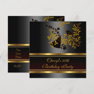 40:e födelsedag Party Blommigt Svarta Guld mönster Inbjudningar