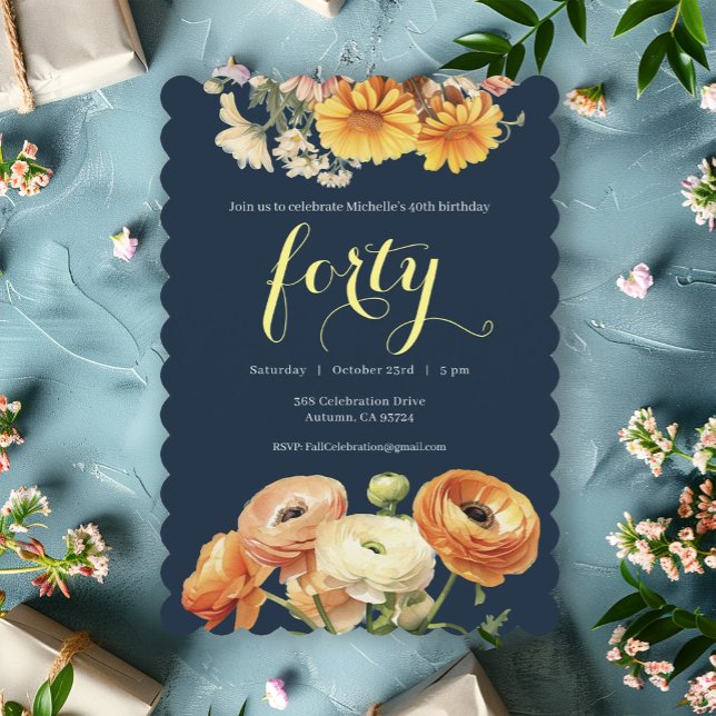 40:e födelsedag Party Botaniska Orangen Flowers Inbjudningar (Skapare uppladdad)