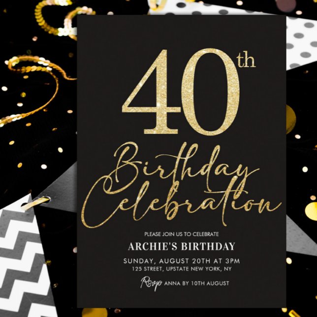 40:e födelsedag Party Elegant Black & Guld Glitter Inbjudningar (40th Gold Glitter Birthday Invitation)